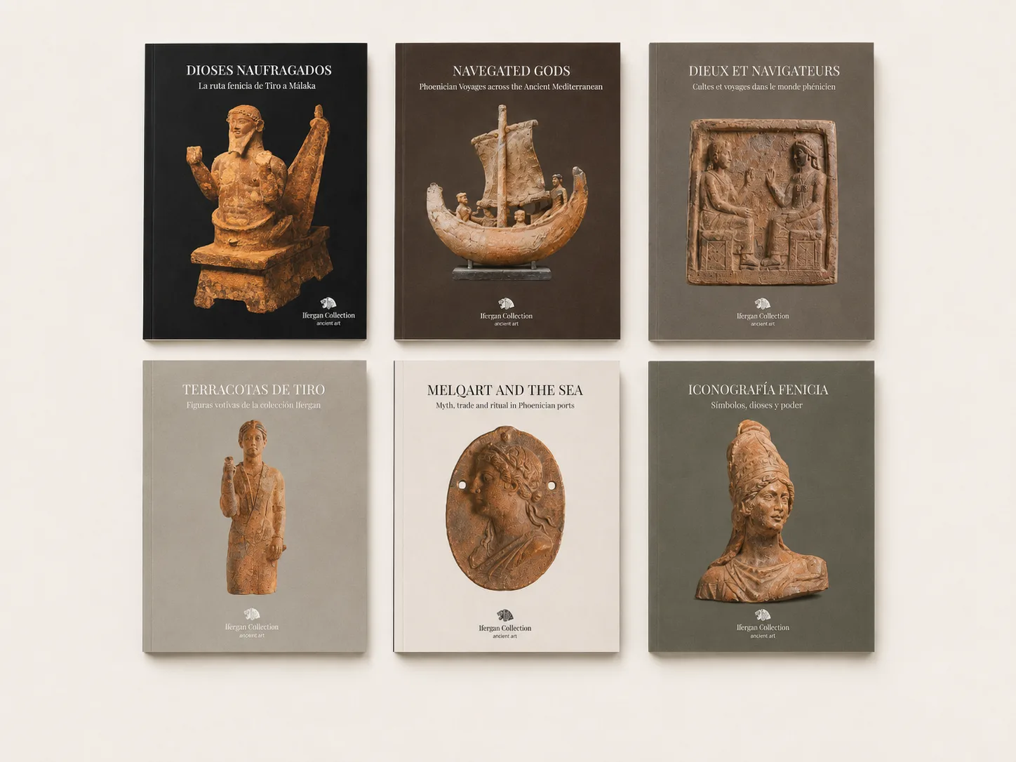 Serie de seis cubiertas de la colección en español, inglés y francés