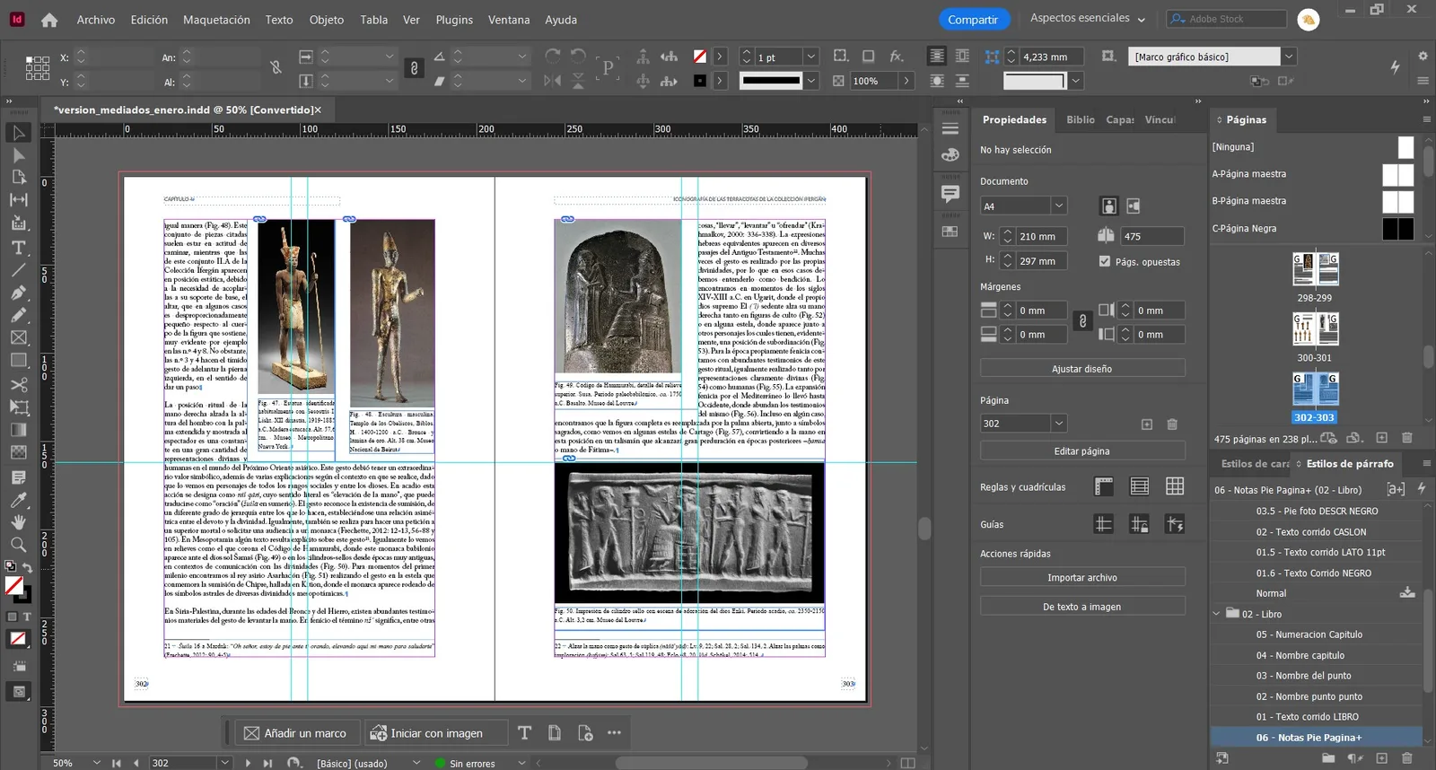 Documento de InDesign con la maqueta del catálogo: 475 páginas A4 y panel de estilos de párrafo