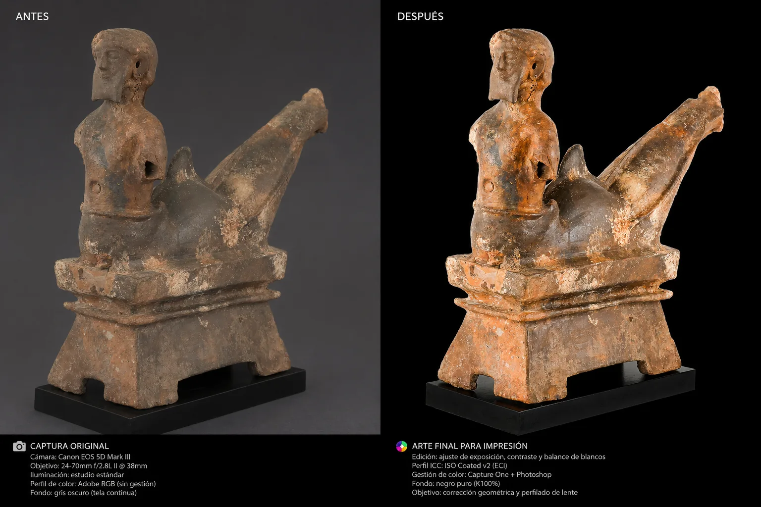 Comparativa antes y después del tratamiento fotográfico de una terracota fenicia
