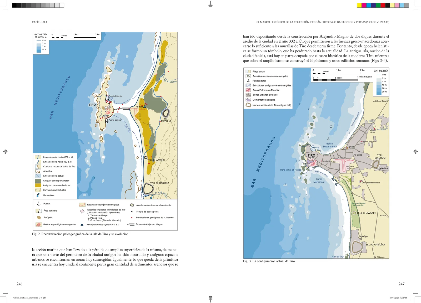 Doble página con cartografía de la isla de Tiro: reconstrucción paleogeográfica y configuración actual