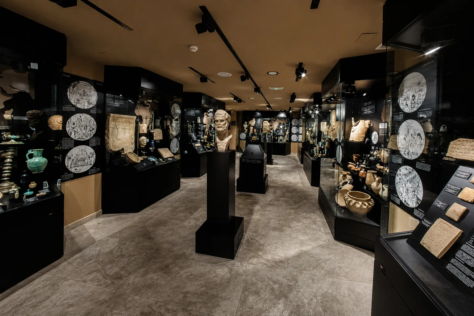 Sala de Ifergan Collection con vitrinas oscuras y un busto romano al fondo