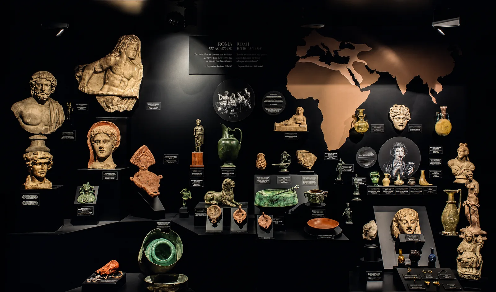 Vitrina dedicada a Roma con piezas, cartelas y un mapa del Mediterráneo