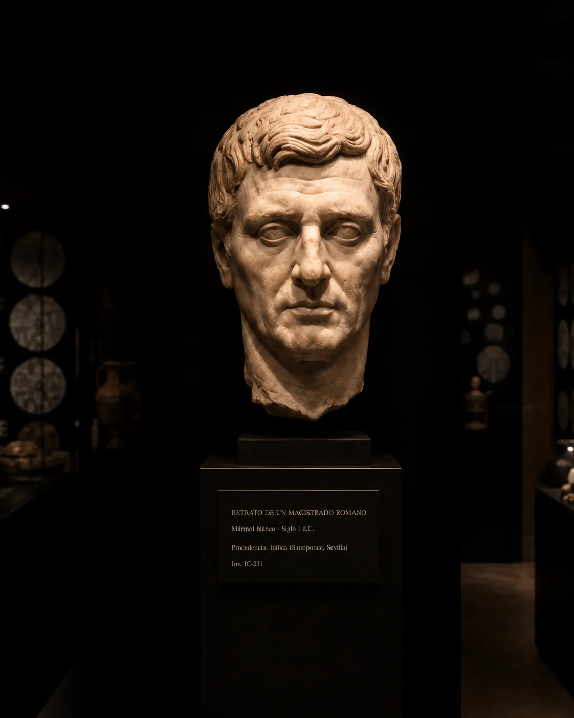 Retrato de un magistrado romano iluminado con luz focal sobre fondo oscuro