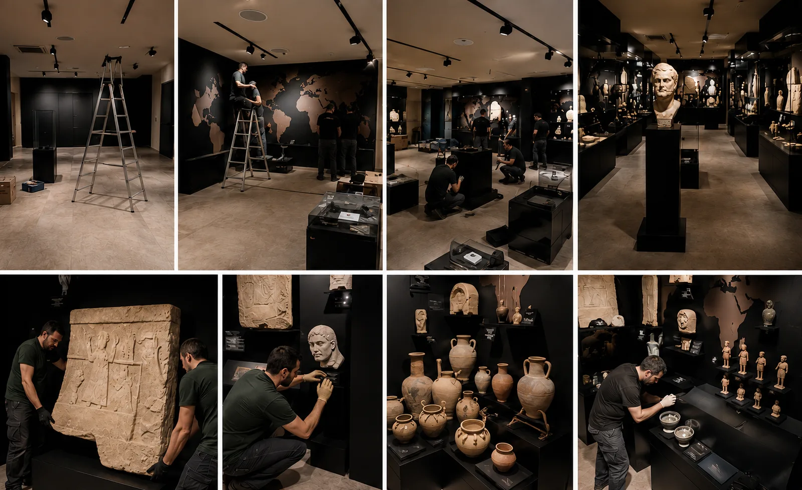 Ocho momentos del montaje de la exposición, de la sala vacía a las vitrinas llenas