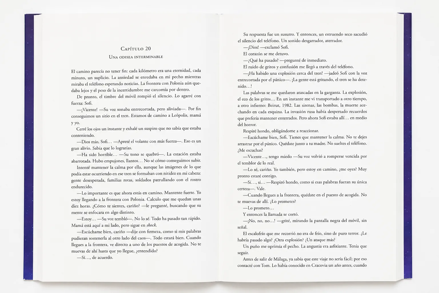 Doble página impresa de la novela abierta por el capítulo veinte