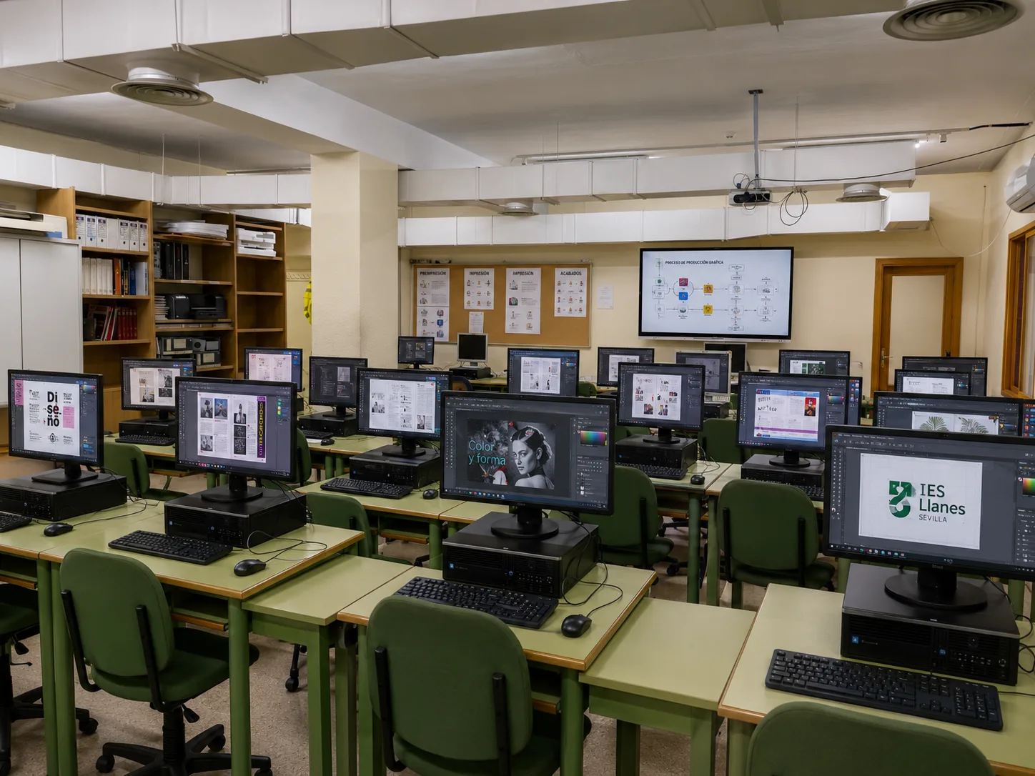 El aula de Artes Gráficas del IES Llanes con sus puestos de trabajo